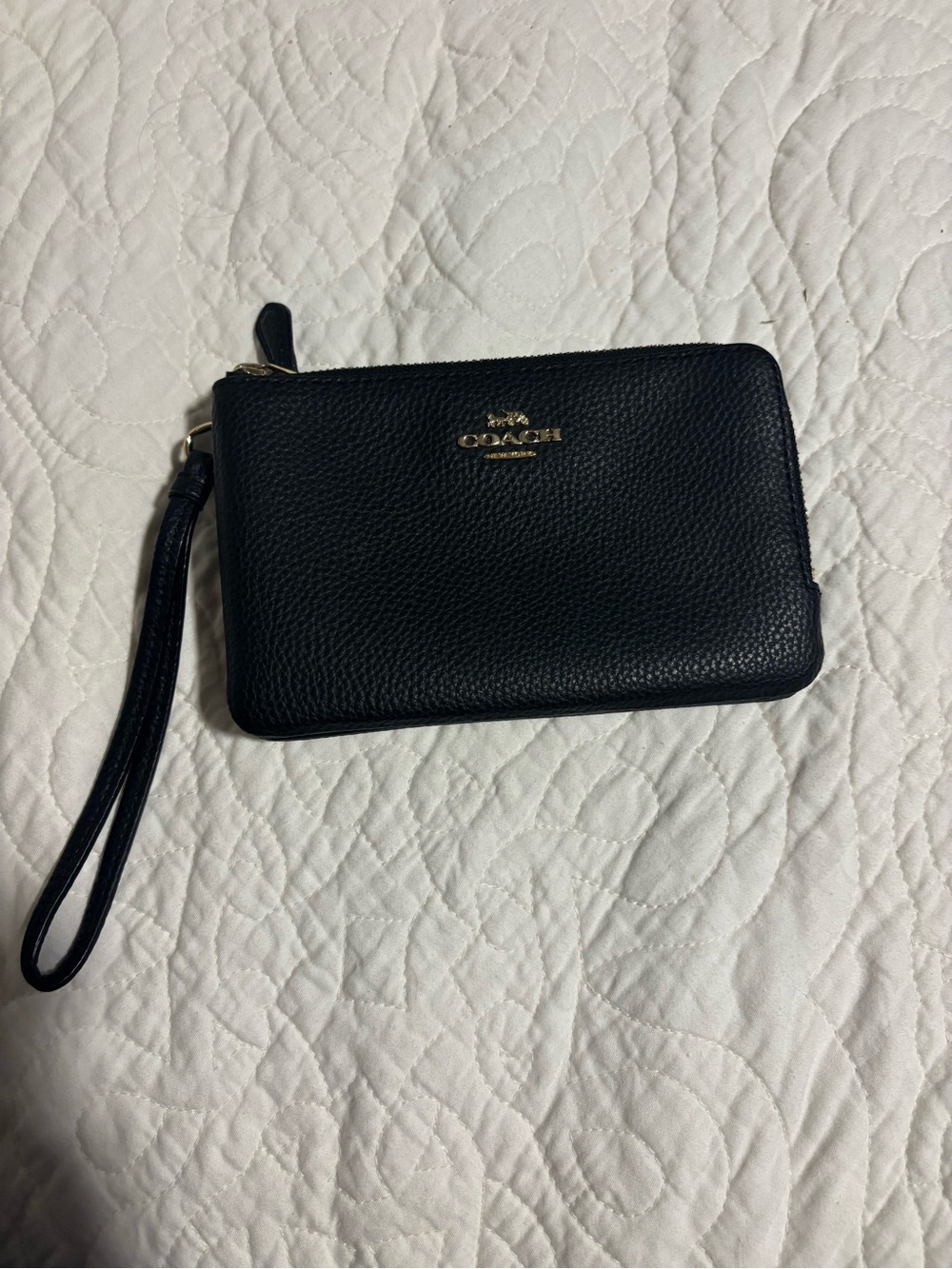 Coach Black Pebbled Leather Wristlet with double zipper compartments
